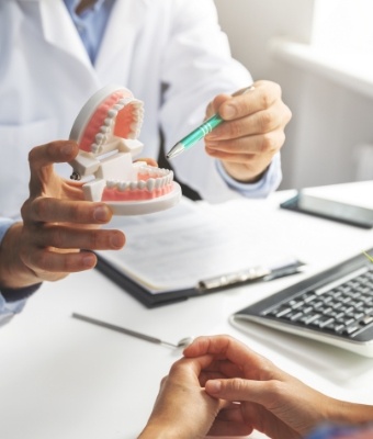 Dentist showing a model of the teeth to a patient